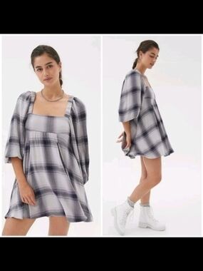 Urban Outfitters Grey & Black & Grey Plaid Mini Dress Sz. L Puff Sleeves